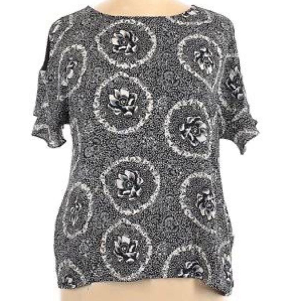 LOFT navy white print floral crew neck ruffle short sleeve top blouse cheap L